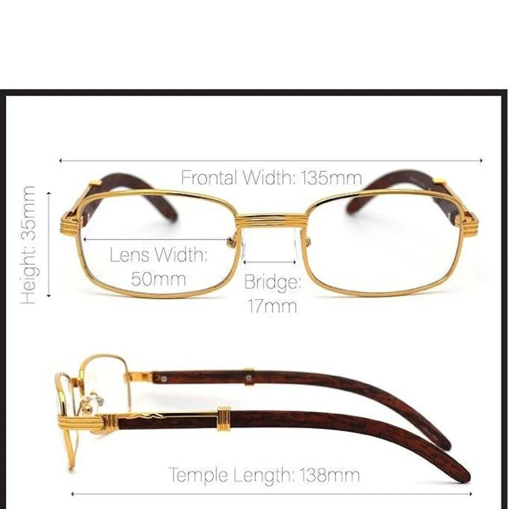 Mens Gold Rectangular Sunglasses Wood Grain Temples Brown Gradient Lens Retro